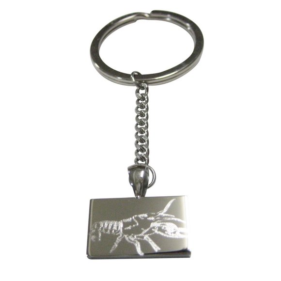 Silver Toned Rectangular Etched Crayfish Crawfish Crawdad Pendant Keychain - Picture 1 of 2